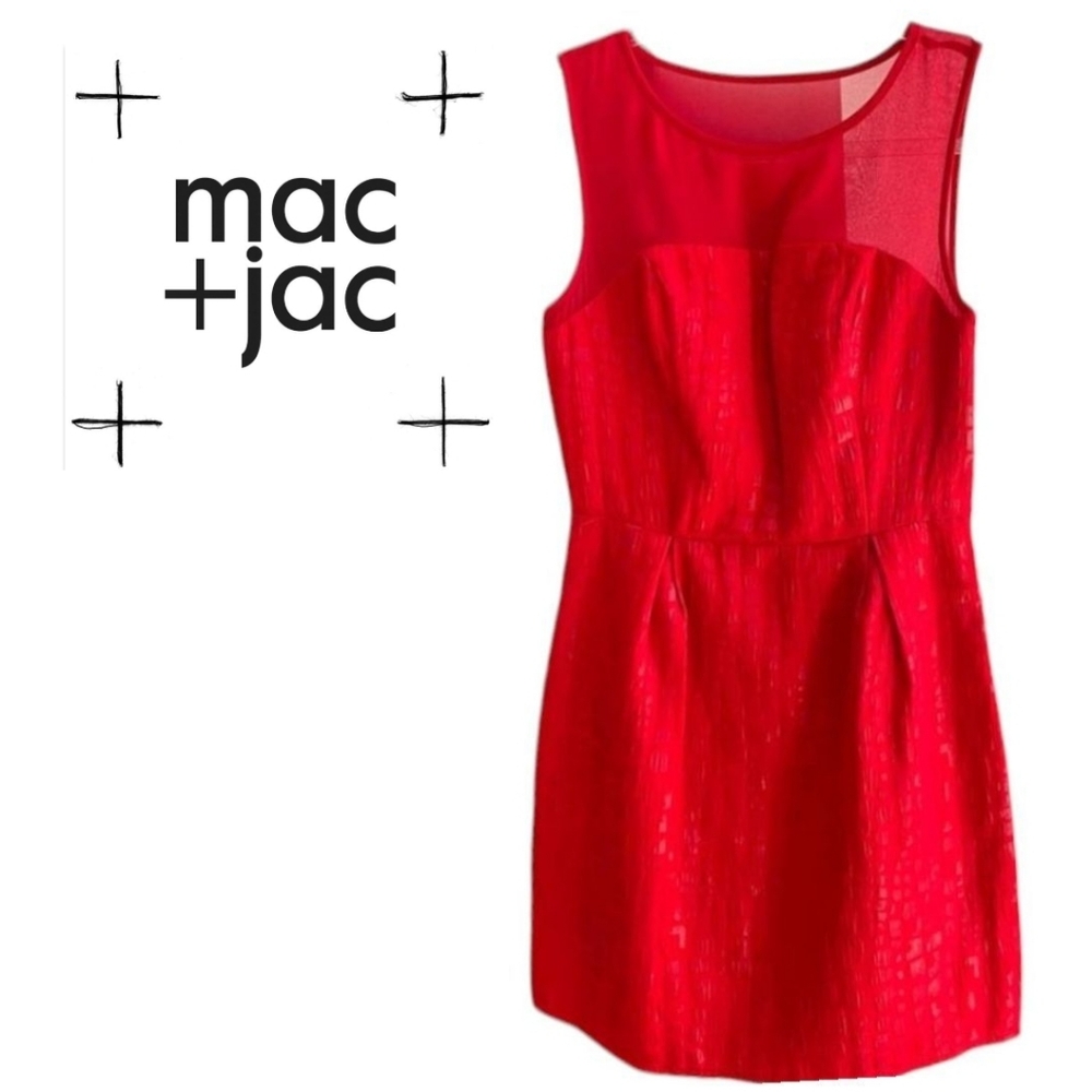 MAC + JAC Candy Apple Red Sleeveless Sheer Top Formal Wiggle Shift Dress Sz SM